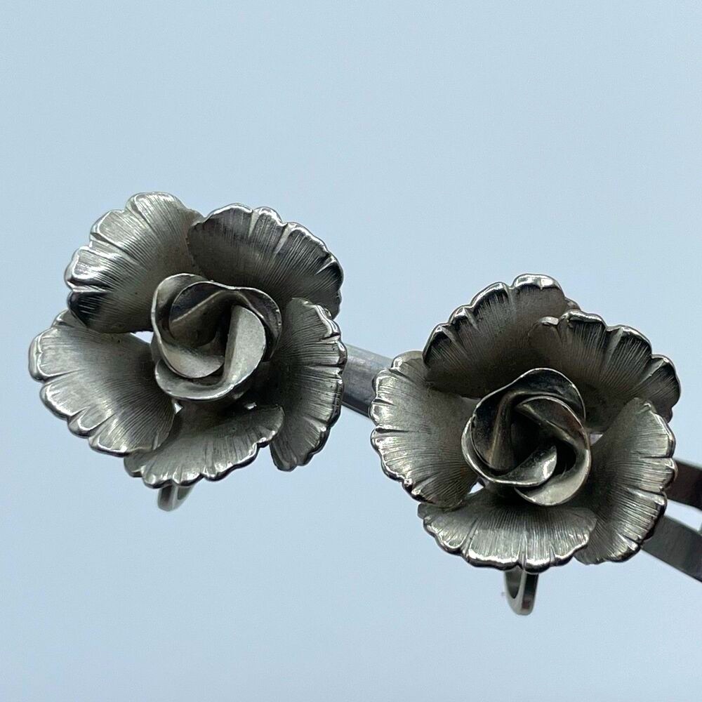 Vintage Lisner Rose Silver Tone Stud Clip On Statement Art Deco Earrings Floral